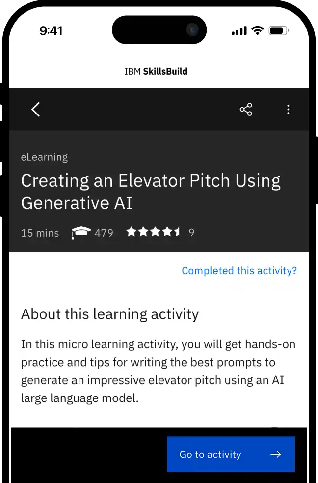 Create an Elevator Pitch using Generative AI course page on IBM SkillsBuild with Go to activity button